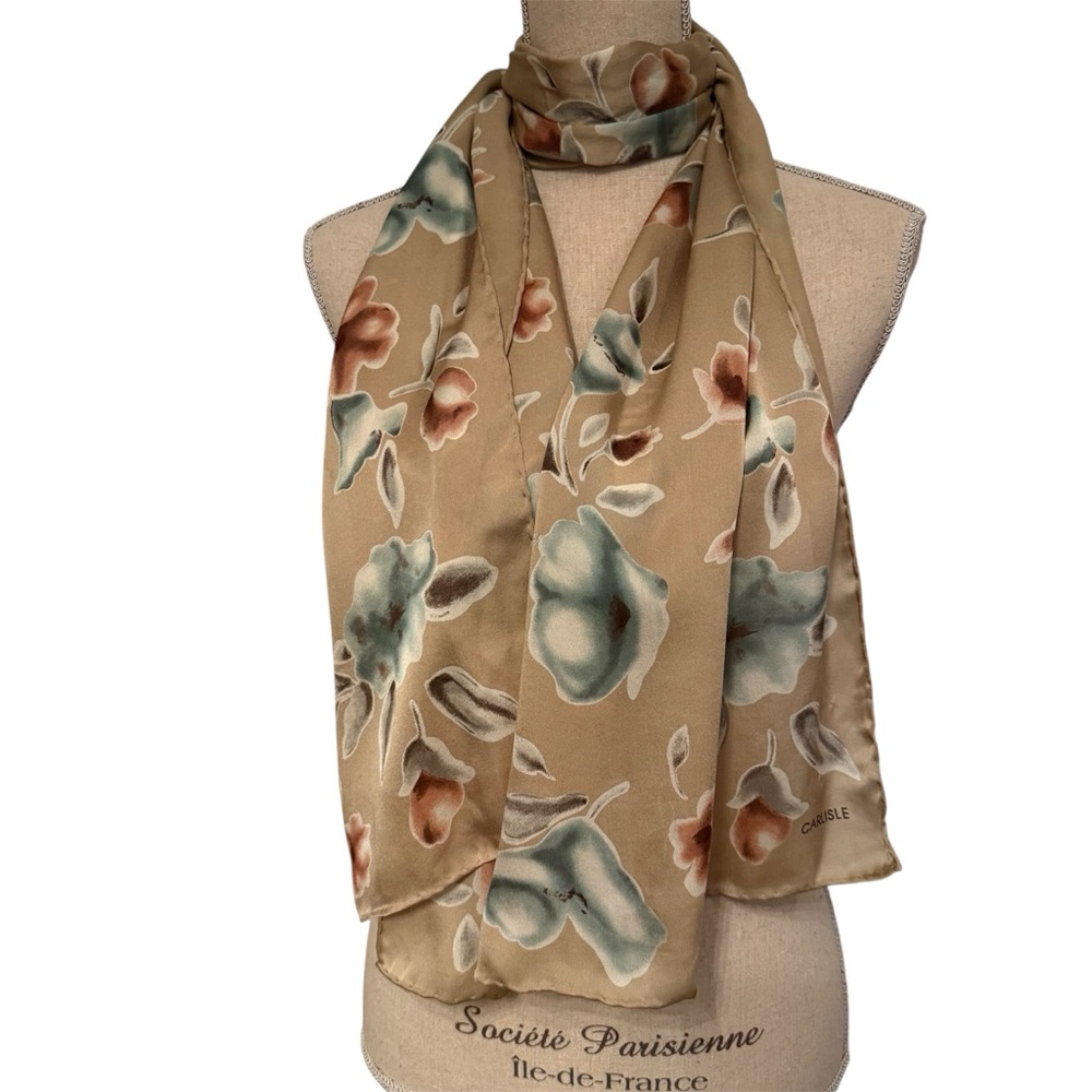 CARLISLE SCARF TAN GREEN FLORAL SHEER SILK RECTANGLE